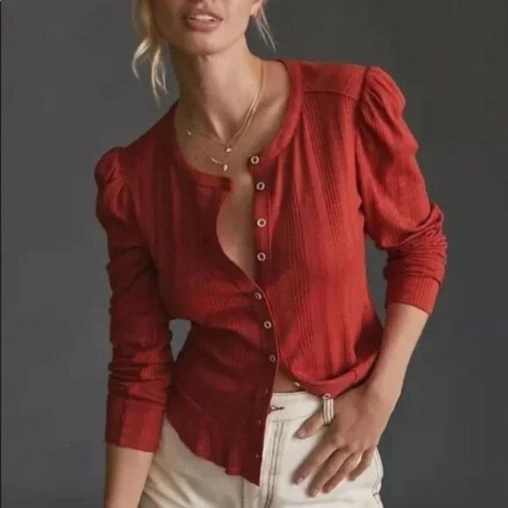 Anthro/Pilcro Rust Puff Sleeve Button Up Cardigan Top